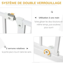 Barrière de sécurité animaux - longueur réglable dim. 75-145 cm - porte double verrouillage, ouverture double sens -sans perçage - acier ABS blanc