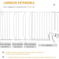 Barrière de sécurité animaux - longueur réglable dim. 75-145 cm - porte double verrouillage, ouverture double sens -sans perçage - acier ABS blanc