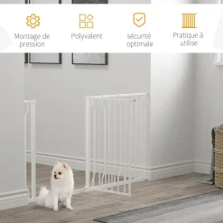Barrière de sécurité animaux - longueur réglable dim. 75-145 cm - porte double verrouillage, ouverture double sens -sans perçage - acier ABS blanc