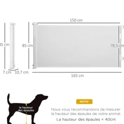 Barrière de sécurité barrière animaux rétractable automatique 1,65L x 0,85H m teslin alu. PVC blanc