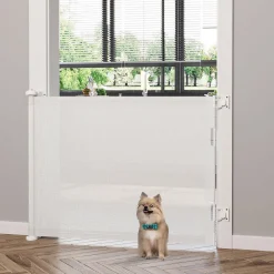 Barrière de sécurité barrière animaux rétractable automatique 1,65L x 0,85H m teslin alu. PVC blanc