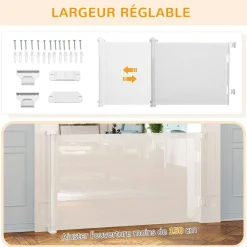 Barrière de sécurité barrière animaux rétractable automatique 1,65L x 0,85H m teslin alu. PVC blanc