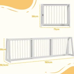 Barrière de sécurité chien 3 panneaux rétractable autoportante dim. 71-190L x 38,5l x 56H cm bois blanc