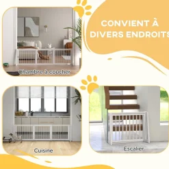 Barrière de sécurité chien 3 panneaux rétractable autoportante dim. 71-190L x 38,5l x 56H cm bois blanc