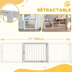 Barrière de sécurité chien 3 panneaux rétractable autoportante dim. 71-190L x 38,5l x 56H cm bois blanc