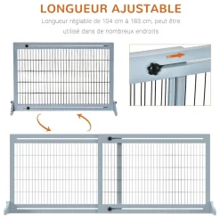 Barrière de sécurité chien barrière autoportante longueur réglable dim. 104-183L x 36l x 69H cm bois pin gris acier noir
