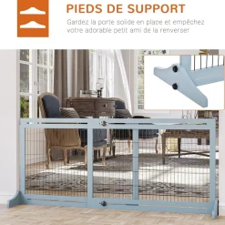 Barrière de sécurité chien barrière autoportante longueur réglable dim. 104-183L x 36l x 69H cm bois pin gris acier noir