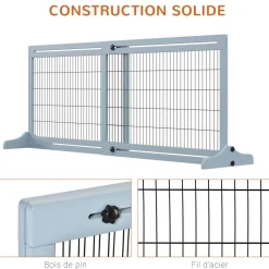 Barrière de sécurité chien barrière autoportante longueur réglable dim. 104-183L x 36l x 69H cm bois pin gris acier noir