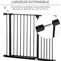 Barrière de sécurité longueur réglable dim. 76-107l x 76H cm sans perçage métal plastique noir