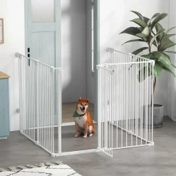 Barrière de sécurité parc enclos chien modulable pliable porte verrouillable intégrée 6 panneaux acier PP blanc