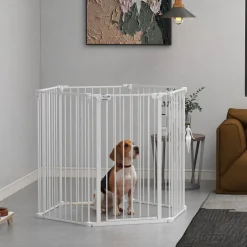 Barrière de sécurité parc enclos chien modulable pliable porte verrouillable intégrée 6 panneaux acier PP blanc