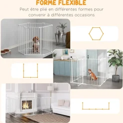 Barrière de sécurité parc enclos chien modulable pliable porte verrouillable intégrée 6 panneaux acier PP blanc