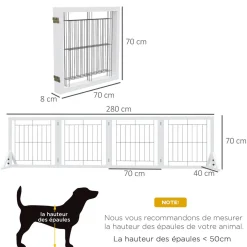 Barrière de sécurité pour animaux autoportante - barrière modulable pliable 4 panneaux - 2 pieds support - acier noir bois blanc