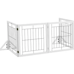 Barrière de sécurité pour animaux autoportante - barrière modulable pliable 4 panneaux - 2 pieds support - acier noir bois blanc