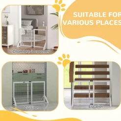 Barrière de sécurité pour chien, barrière de protection à 2 panneaux largeur réglable 63-106L x 44l x 67H cm, barrière pour escalier, porte, couloirs, en bois de pin et acier, blanc