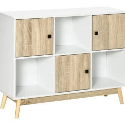 Bibliothèque meuble de rangement design scandinave 3 niches 3 portes panneaux particules blanc aspect chêne clair