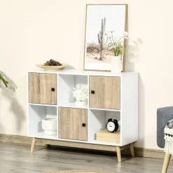 Bibliothèque meuble de rangement design scandinave 3 niches 3 portes panneaux particules blanc aspect chêne clair