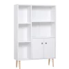 Bibliothèque scandinave dim. 80L x 23,5l x 123H cm 5 niches placard 2 portes pieds effilés inclinés bois massif panneaux particules blanc