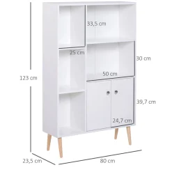 Bibliothèque scandinave dim. 80L x 23,5l x 123H cm 5 niches placard 2 portes pieds effilés inclinés bois massif panneaux particules blanc