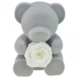 Boite à bijoux ourson décorée d'une rose éternelle - stabilisée banche