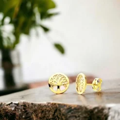 Boucles d'Oreilles Or 18 Carats 750/000 Jaune et Nacre - Arbre de Vie