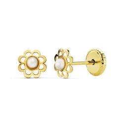 Boucles d'Oreilles Or 18 Carats 750/000 Jaune - Perles de Culture - Motif Fleur