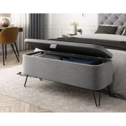 Bout de lit coffre en tissu et pieds épingles noirs SILVES