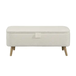 Bout de lit scandinave avec coffre en tissu laine bouclée et pieds bois ANTONIO