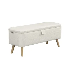 Bout de lit scandinave avec coffre en tissu laine bouclée et pieds bois ANTONIO