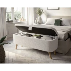 Bout de lit scandinave avec coffre en tissu laine bouclée et pieds bois ANTONIO