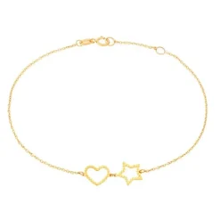 Bracelet Or Jaune Motifs Coeur et Etoile - Femme