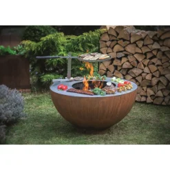 Brasero boule avec grille et plancha - métal oxydé - 100x100x50 cm