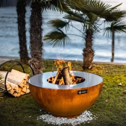 Brasero boule avec grille et plancha - métal oxydé - 100x100x50 cm