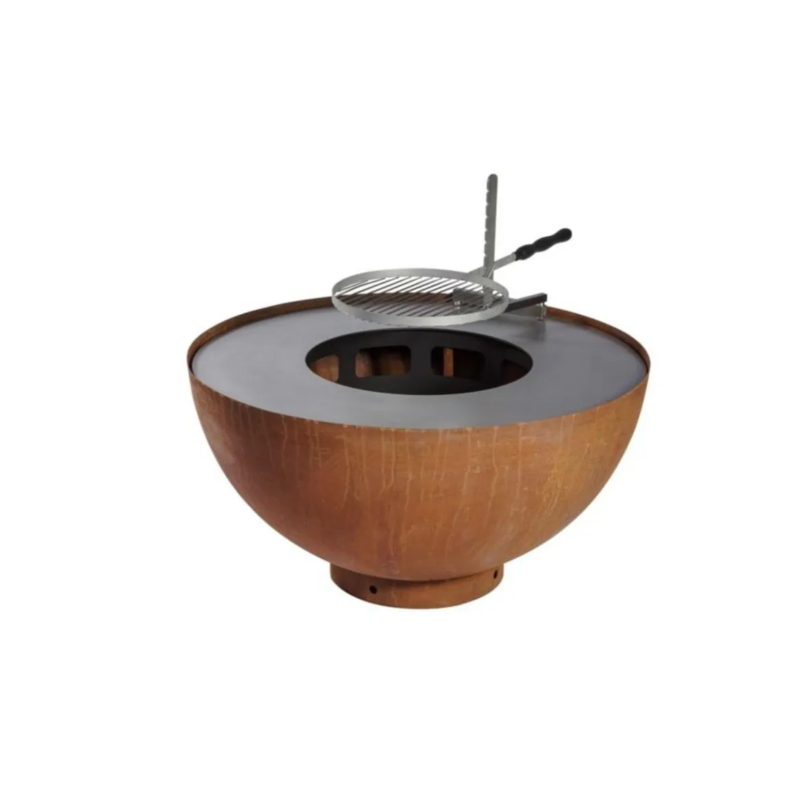 Brasero boule avec grille et plancha - métal oxydé - 100x100x50 cm
