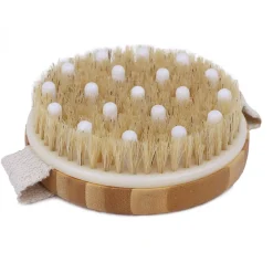 Brosse de massage et de drainage, anti cellulite en bambou 11 x 11 x 3,5 cm avec poignée de maintien
