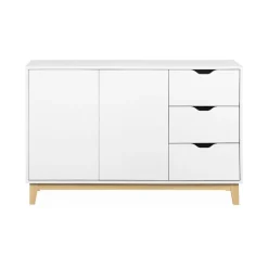 Buffet de rangement blanc. pieds bois - Floki - avec 3 tiroirs. buffet 2 portes. buffet bas. 120x40x75 cm