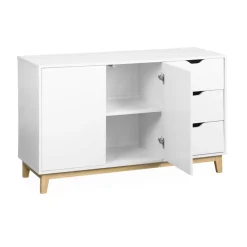 Buffet de rangement blanc. pieds bois - Floki - avec 3 tiroirs. buffet 2 portes. buffet bas. 120x40x75 cm