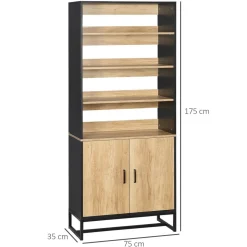 Buffet haut multi-rangement 2 portes total 5 étagères piètement acier noir panneaux aspect bois clair