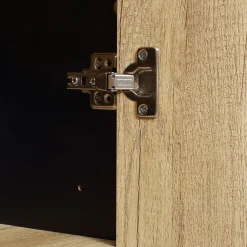 Buffet haut multi-rangement 2 portes total 5 étagères piètement acier noir panneaux aspect bois clair