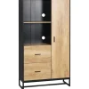 Buffet haut multi-rangement une porte 3 étagères 2 tiroirs 2 niches piètement acier noir aspect chêne clair