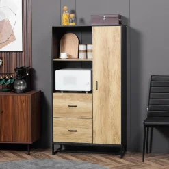 Buffet haut multi-rangement une porte 3 étagères 2 tiroirs 2 niches piètement acier noir aspect chêne clair