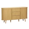 Buffet scandinave ovale 2 portes coulissantes. 4 compartiments. 3 tiroirs. effet bois rainuré. teinte naturelle. L 150 x P 40 x H 79cm