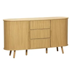 Buffet scandinave ovale 2 portes coulissantes. 4 compartiments. 3 tiroirs. effet bois rainuré. teinte naturelle. L 150 x P 40 x H 79cm