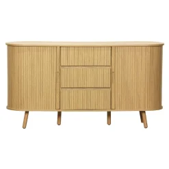 Buffet scandinave ovale 2 portes coulissantes. 4 compartiments. 3 tiroirs. effet bois rainuré. teinte naturelle. L 150 x P 40 x H 79cm