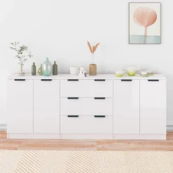 Buffets 3 pcs blanc brillant bois d'ingenierie