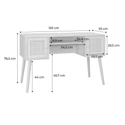 Bureau cannage et décor bois avec 2 portes. 1 casier ouvert. pieds compas