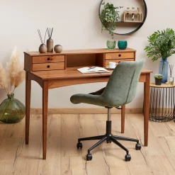 Bureau secrétaire MILANO en pin massif avec 4 tiroirs et 1 niche, bois lasuré brun foncé