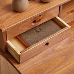 Bureau secrétaire MILANO en pin massif avec 4 tiroirs et 1 niche, bois lasuré brun foncé