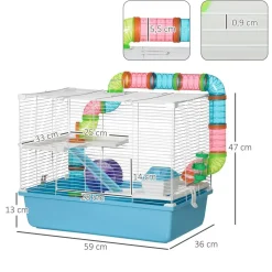 Cage à hamsters 3 niveaux - tunnel, abreuvoir, roue, maisonnette, échelles - dim. 59L x 36l x 47H cm - métal PP bleu blanc