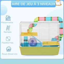 Cage à hamsters 3 niveaux - tunnel, abreuvoir, roue, maisonnette, échelles - dim. 59L x 36l x 47H cm - métal PP bleu blanc